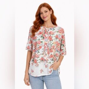 Vintage 90s Floral Button Blouse Cottagecore Pastel Garden Top Medium